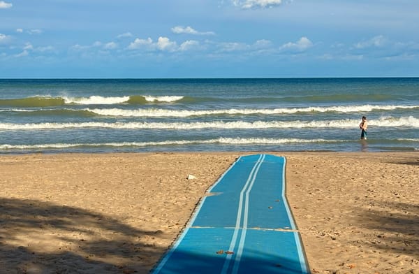 Walkway over the sand on an Evanston beach on the shores of Lake Michigan.